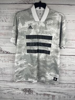 Adidas Shirt Men's SZ M White Gray Tan AOP Jersey Three Stripes Athletic DZ9536